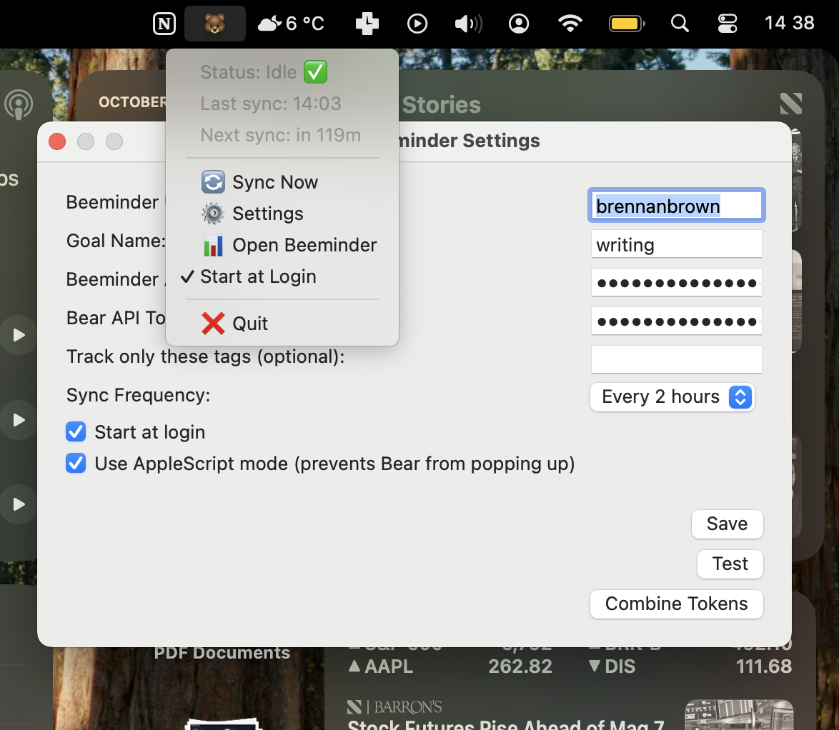 BearMinder menu bar and settings screenshot